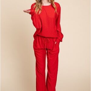 Super Lady Full Size Crinkle Check Round Neck Top and Pants Lounge Set